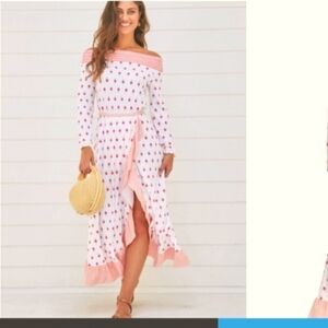 Cabana Life -Orange/White /Off the Shoulder- Long Sleeve/Ruffle Slit Maxi Dress